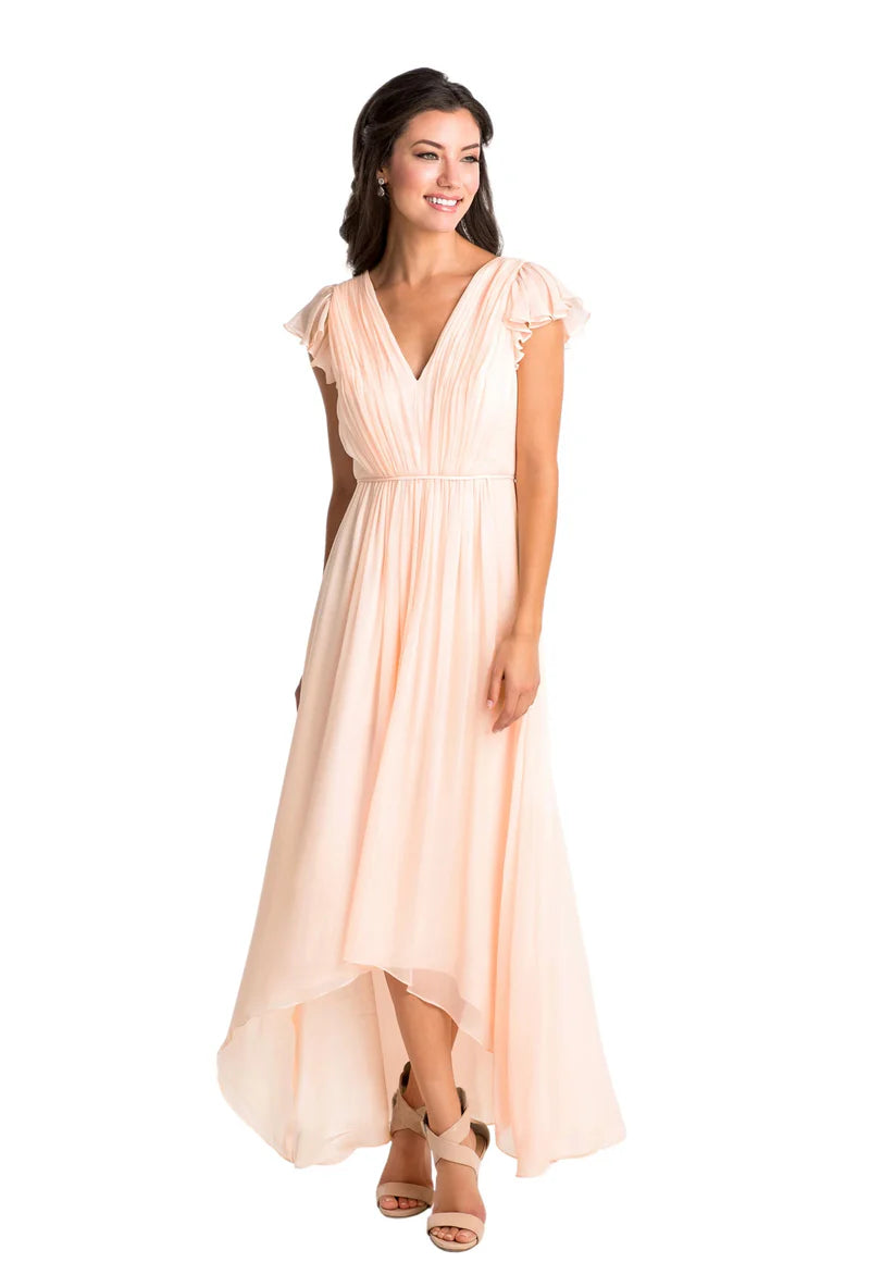 Bridesmaid Dress High-Low Cap Sleeve Ruched V-Neck Chiffon