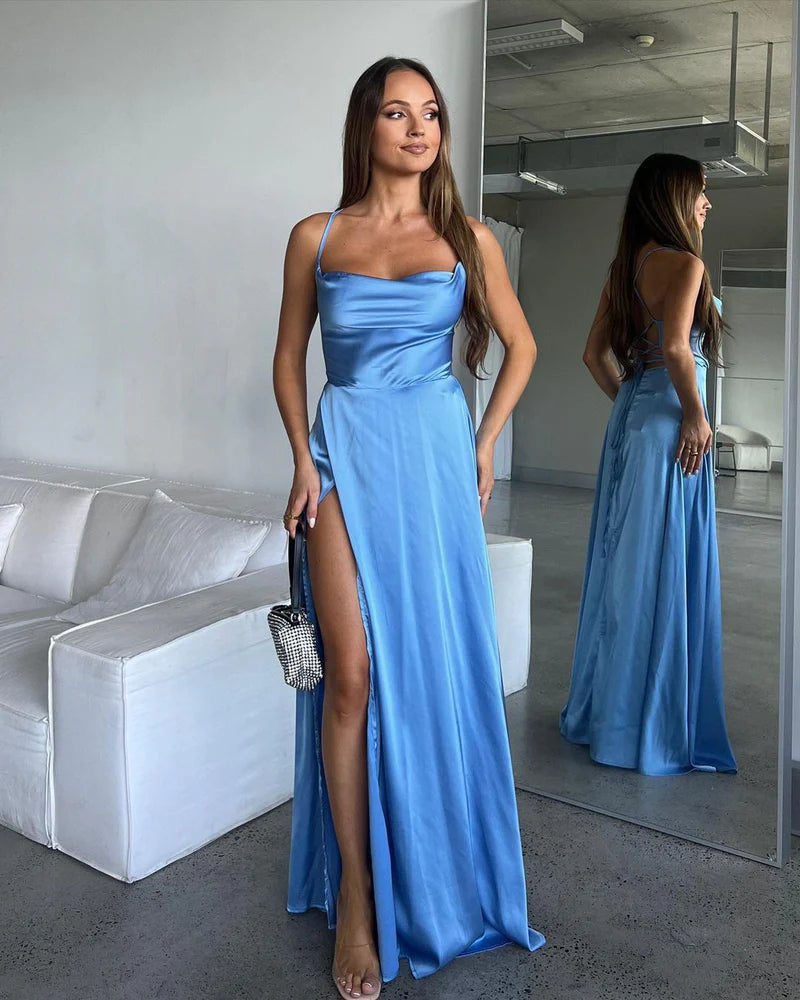 Bridesmaid Dresses A Line Cowl Neck Blue Silk  with Slit