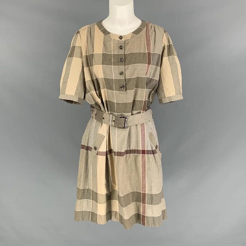 BURBERRY BRIT Size 12 Olive Beige Cotton &  Nylon Plaid Belted Dress