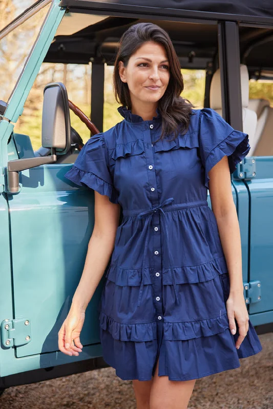 Sail to Sable Button Front Scallop Trim Dress Navy