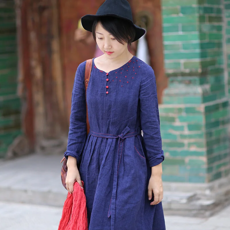 Pleated Waist Dresses Linen Spring Summer Women Dresses DressesWC961842