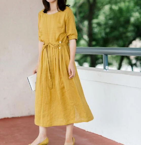 Yellow 100% Linen Women Dresses Half Sleeves Summer Women Dresses XH9527