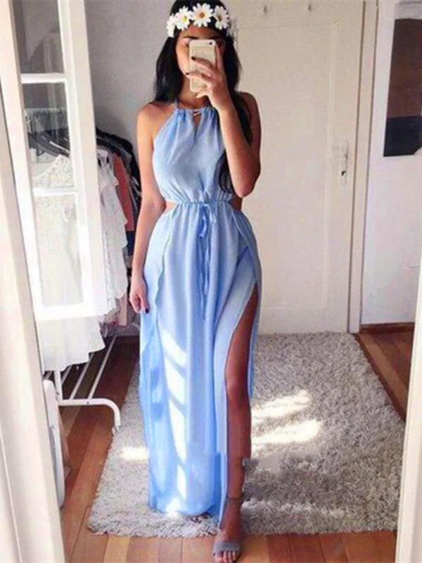 Custom Made A Line Round Neck Light Blue Chiffon Prom Dresses, Light Blue Formal Dresses