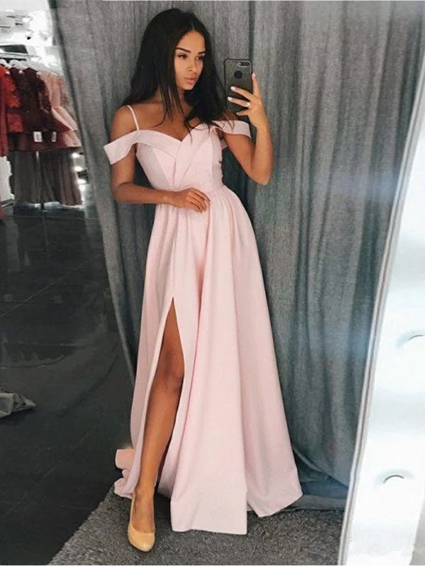 Custom Made Off Shoulder Pink/Grey Prom Dresses, Pink/Grey Formal Dresses with Leg Slit, Graduation Dresses