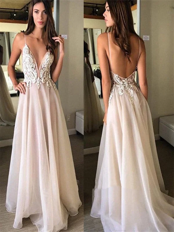 Custom Made Sexy A Line V Neck Backless Prom Dresses, Backless Formal Dresses