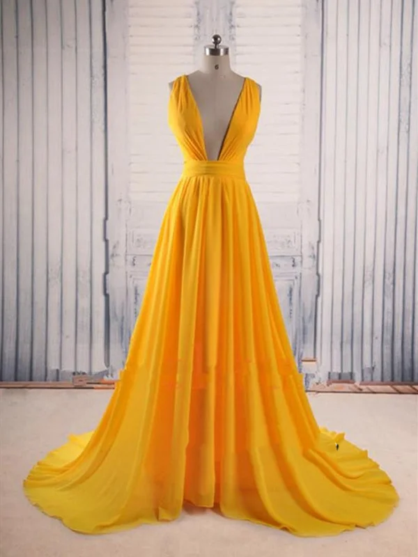 Custom Made Yellow V Neck Prom Dress with Sweep Train, Yellow Formal Dress, Evening Dress