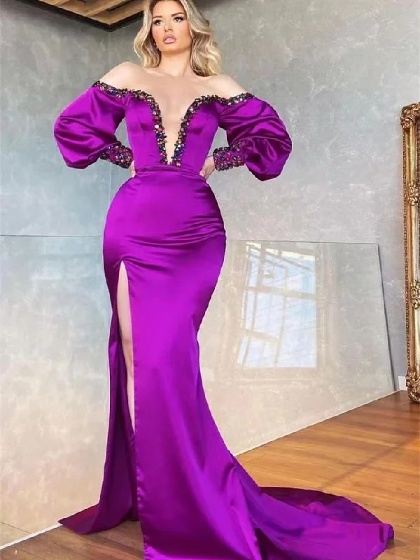 Deep V-neck Bubble Sleeves Soft Satin Prom Dresses With Gorgeous Rhinestone Neckline, Mermaid Prom Dresses, 2023 Prom Dresses