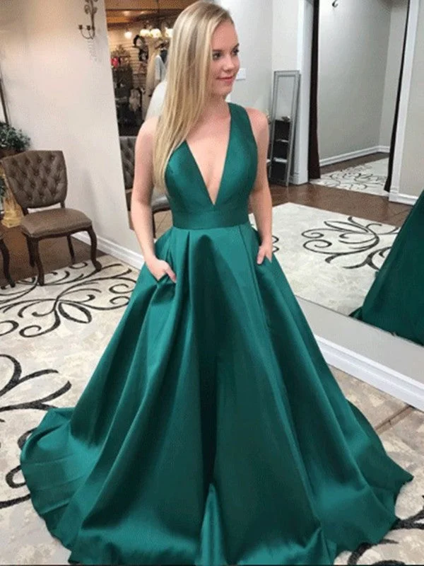 Deep V Neck Dark Green Prom Dresses With Pockets, Dark Green Formal Dresses