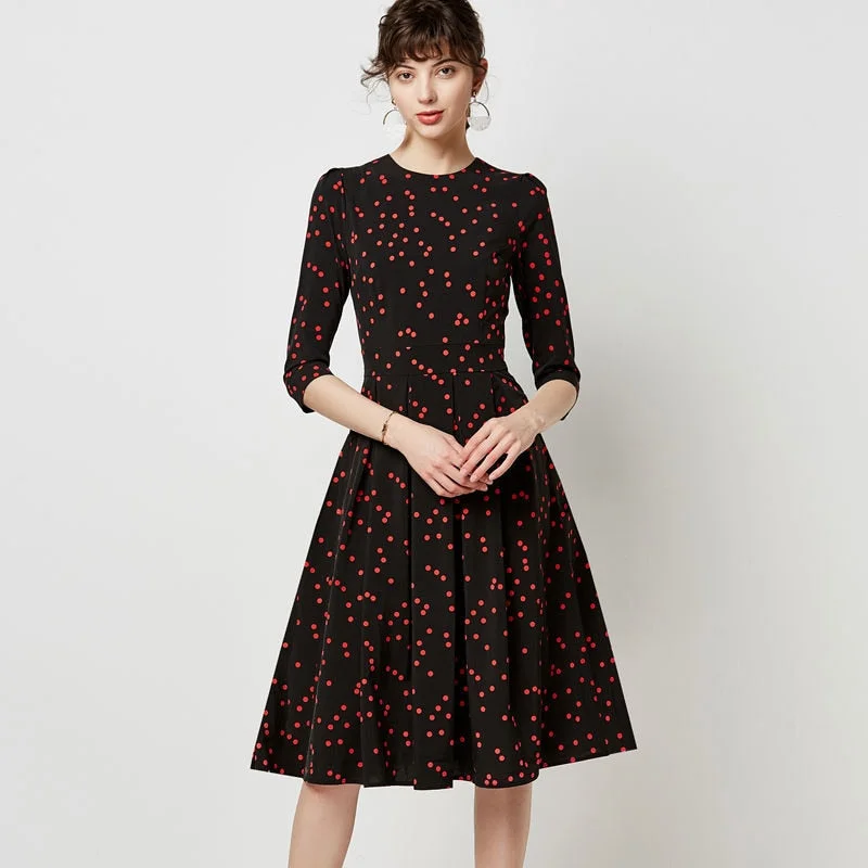 Elegant A line Pleated Dress Women Vintage Dot