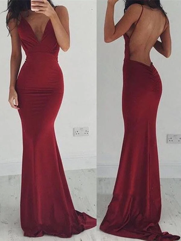 Elegant Burgundy Mermaid Open Back Prom Dresses, Maroon Backless Formal Dresses