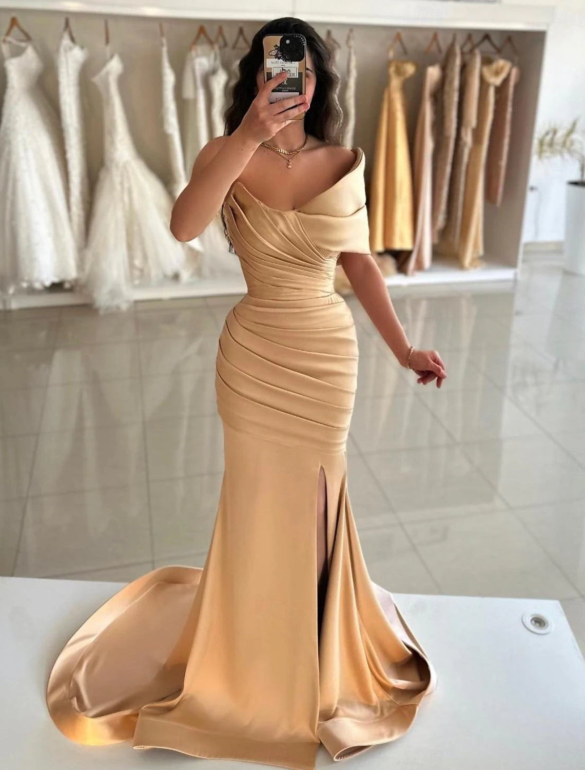 Elegant Dress Formal Prom Floor Length Sleeveless Off Shoulder Satin with Ruched Slit Prom Dresses