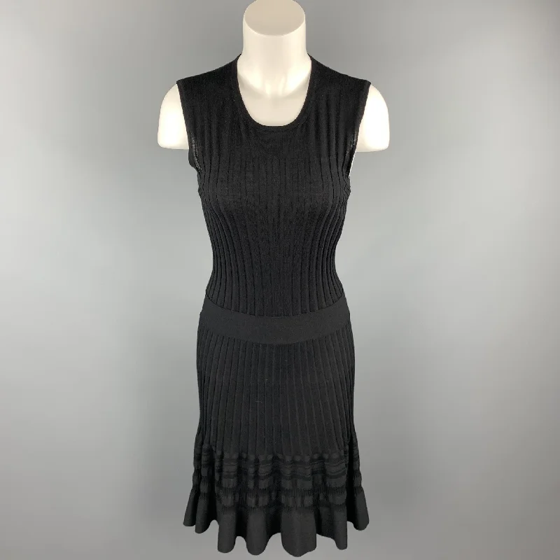 EMILIO PUCCI Size L Black Ribbed Knit Virgin Wool Sleeveless Dress