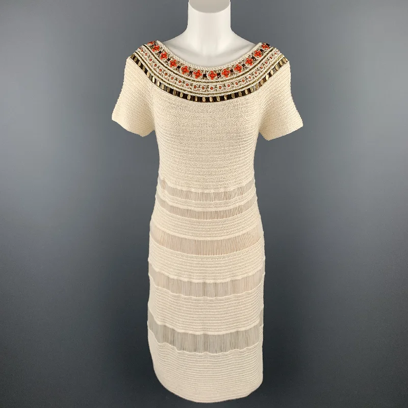 ESCADA Size 8 Beige Silk Knit Beaded Neckline Boat Neck Dress