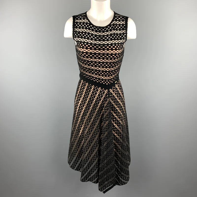 ESCADA Size S Black Striped Mesh Sleeveless Fit Flair Dress