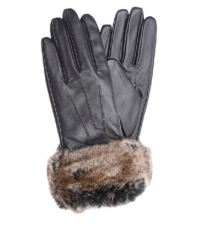 Fur Trimmed Leather Gloves - Dark Brown