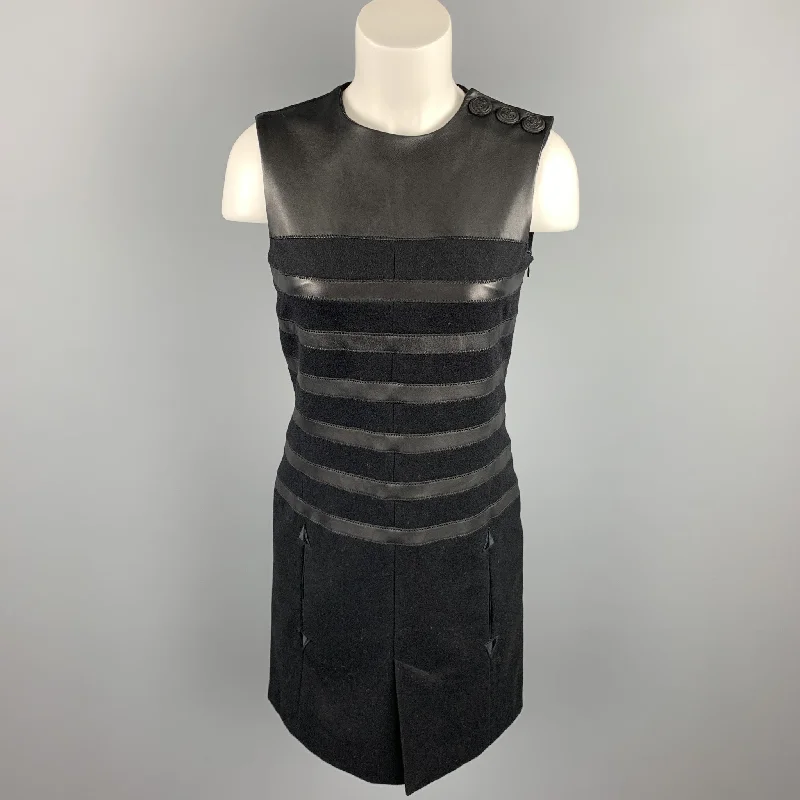 GAULTIER 2 Size 6 Black Virgin Wool Leather Trim Shift Dress