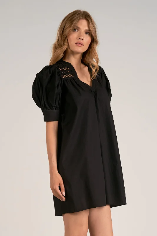 Ladder Trim Puff Sleeve Dress