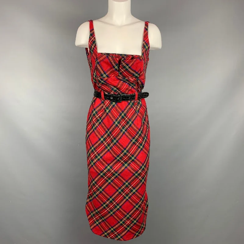 LAMB Size 10 Red Wool Plaid Faux Patent Leather Belted Dress