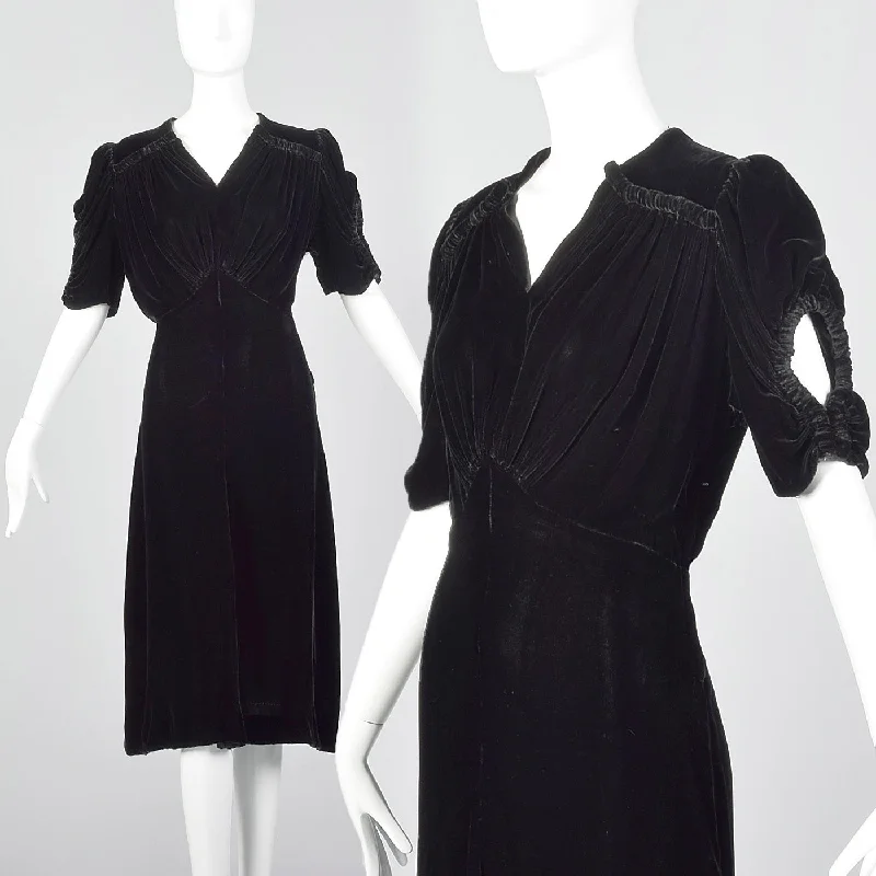 Large 1940s Black Velvet Dress with Open Sleeve Detail