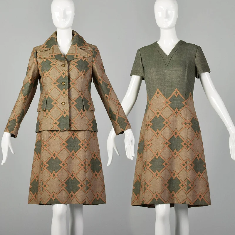 Large 1970s Green Geometric Italian Couture Dress Jacket Set