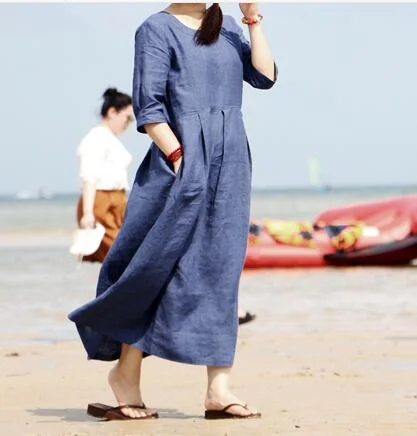 Linen Women Dresses 3/4 Sleeves O Neck Dresses Spring Summer Women Dresses XH9659