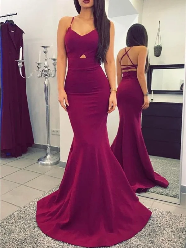 Maroon Spaghetti Straps Mermaid Prom Dress, Mermaid Maroon Graduation Dress, Formal Dress