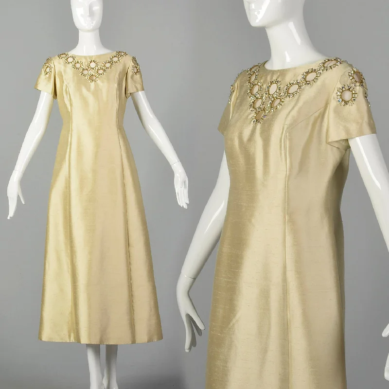 Medium 1960s Beaded Ivory Gold Shift Dress