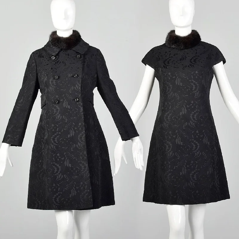 Medium 1960s Black Wool Brocade Coat and Dress Set