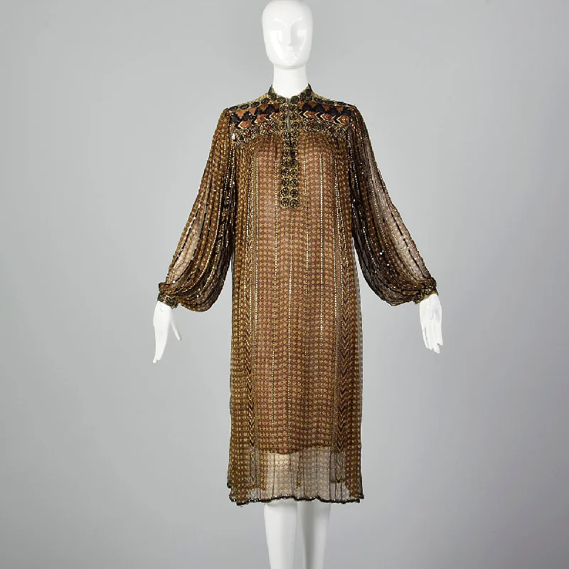 Medium 1970s Judith Ann Creations Brown Silk Beaded Dress