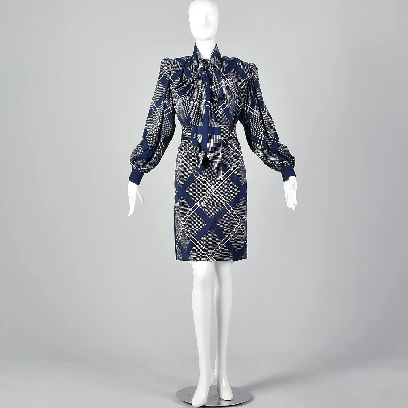 Medium Galanos 1980s Navy Blue Plaid Dress