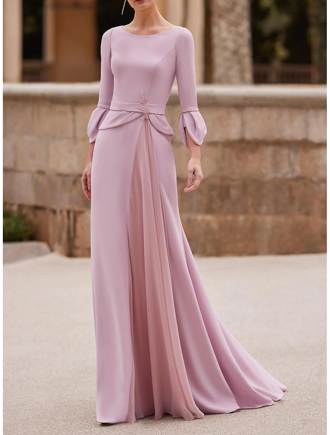 Mermaid / Trumpet Elegant Floor Length Chiffon Length Sleeve with Crystal Mother of the Bride Dress