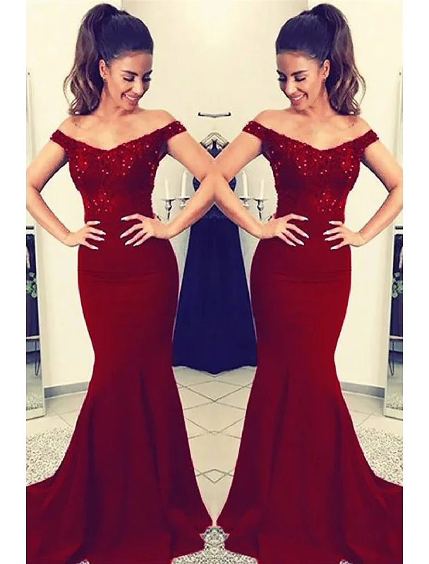 Mermaid / Trumpet Prom Dresses Sexy Dress Formal Prom Court Train Sleeveless Off Shoulder Stretch Fabric V Back with Beading Appliques