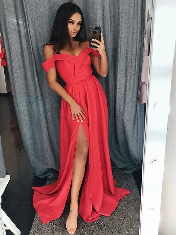 Off Shoulder Red/Blue Prom Dresses with Slit, Off Shoulder Red/Blue Graduation Dresses, Formal Dresses