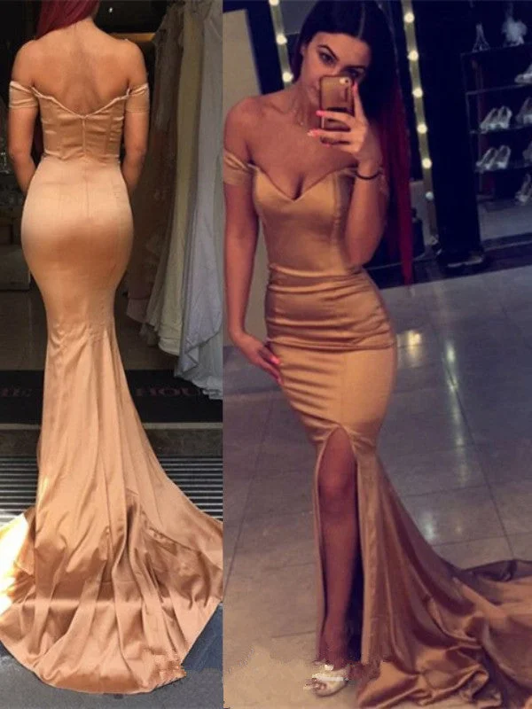 Off Shoulder Satin Mermaid Backless Rose Golden Prom Dresses With Slit, Off Shoulder Mermaid Formal Dresses