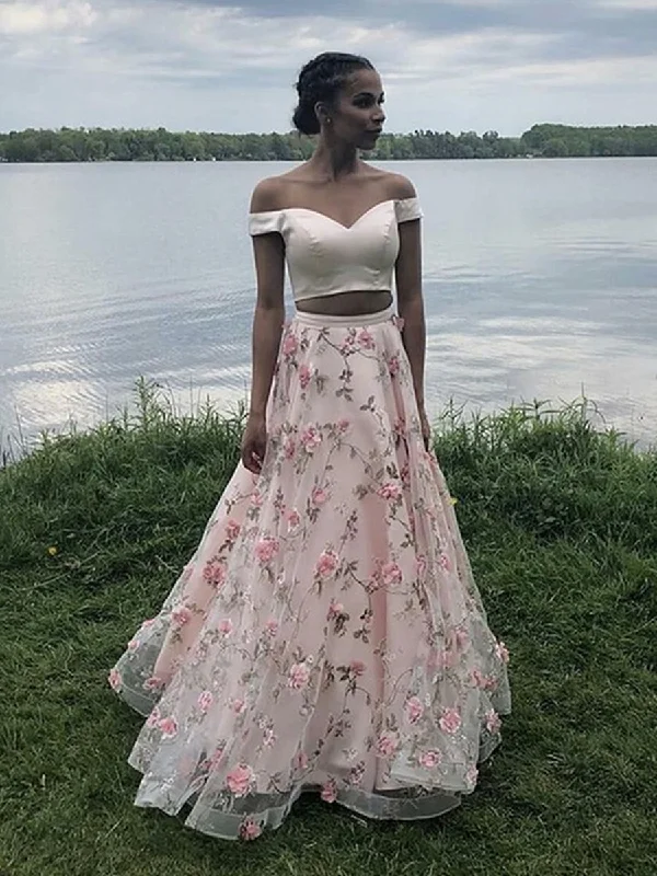 Off Shoulder Two Pieces Floor Length Appliques Pink Prom Dresses, Off Shoulder Pink Formal Dresses, Pink Evening Dresses