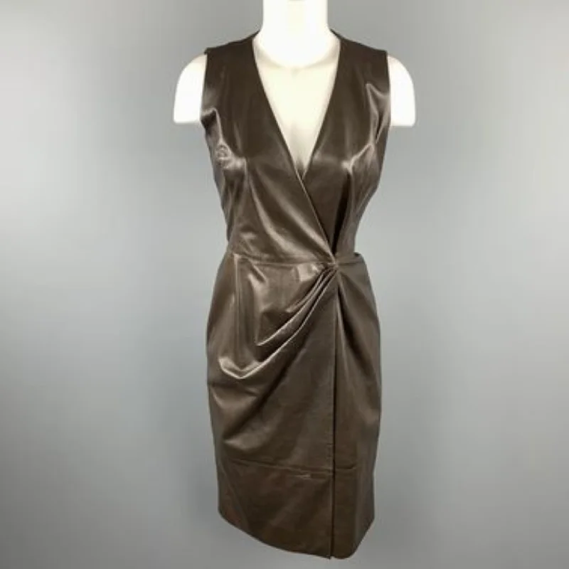 OSCAR DE LA RENTA Size 4 Brown Leather Draped Sleeveless Wrap Dress