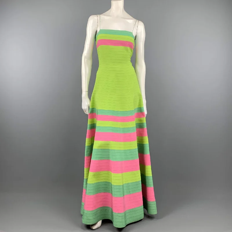 OSCAR DE LA RENTA Size 8 Green Turquoise & Pink Grosgrain Striped Gown