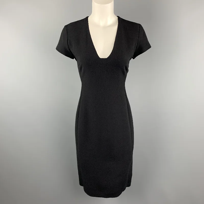 RALPH LAUREN Size 6 Black Stretch Wool Squared V Neck Shift Dress