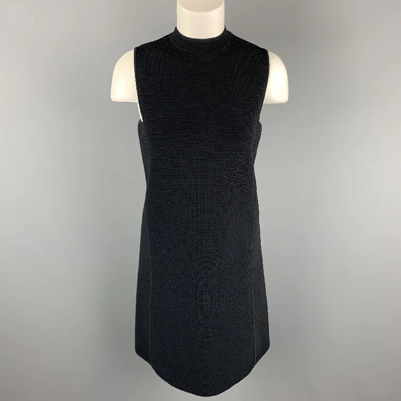 RALPH LAUREN Size S Navy Ribbed Knit Viscose Blend Mock Neck A Line Dress