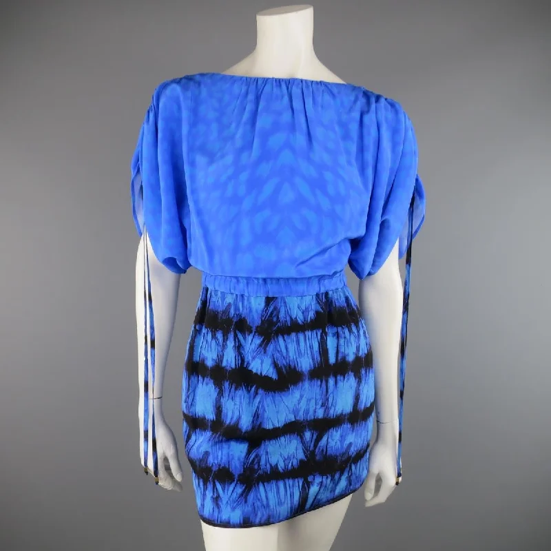 ROBERTO CAVALLI 4 Blue & Black Cheetah & Tie Dye Silk DRawstring Sleeve Dress