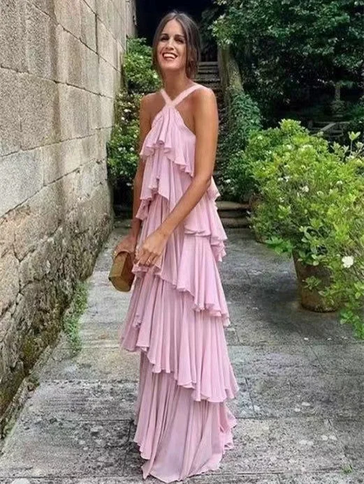 Ruffled Pink Cake Dresses, A-line Chiffon Prom Dresses, Beachy Prom Dresses, Newest Prom Dresses