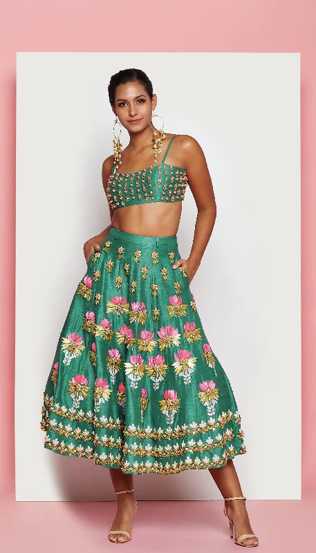 SACRED LOTUS - DARK GREEN EMBELLISHED HALF LEHENGA SET