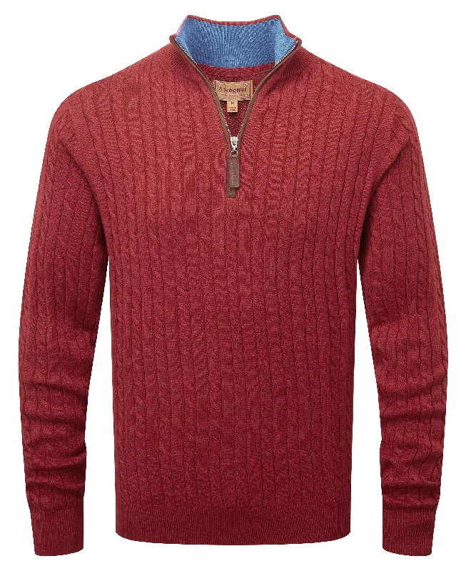 Cotton Cashmere 1/4 Zip Cable Knit Jumper - Chilli