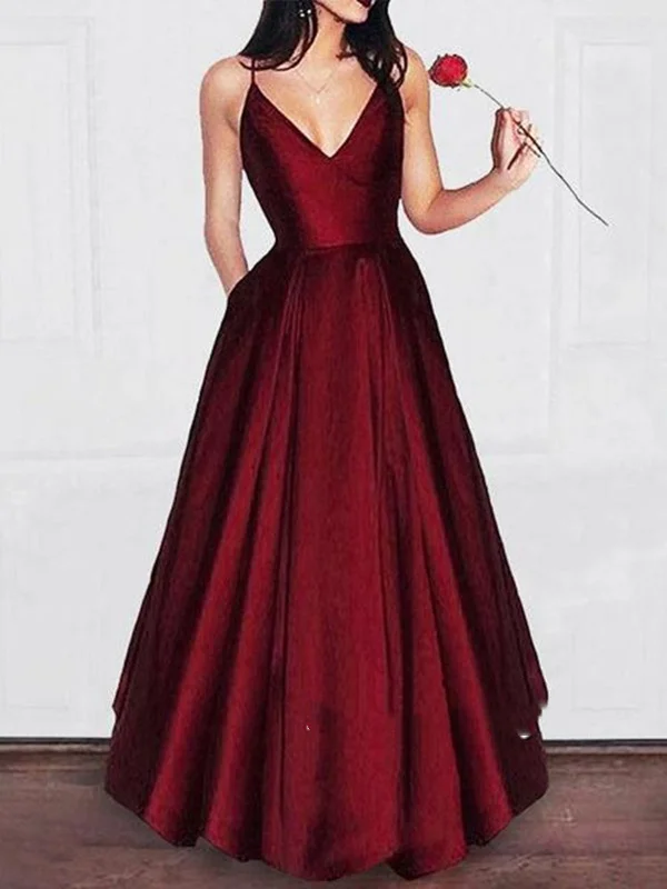 Sexy A Line V Neck Burgundy Prom Dress with Spaghetti Straps, V Neck Burgundy Graduation Dress, Formal Dress