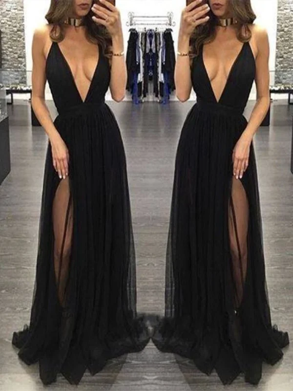 Sexy V Neck Chiffon Black Prom Dresses, Black Formal Dresses, Sexy Black Evening Dresses