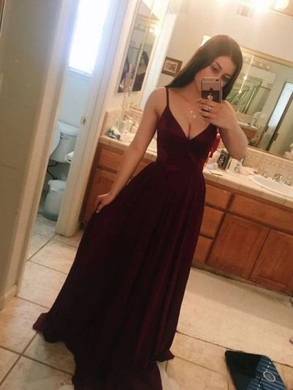 Sexy V Neck Spaghetti Straps Burgundy Prom Dresses, Burgundy Formal Dresses