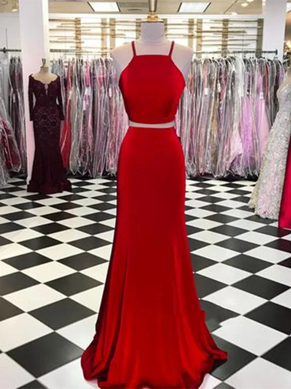 Simple Sexy 2 Pieces Red Prom Dress, Red Satin Evening Dress, Red Formal Dress