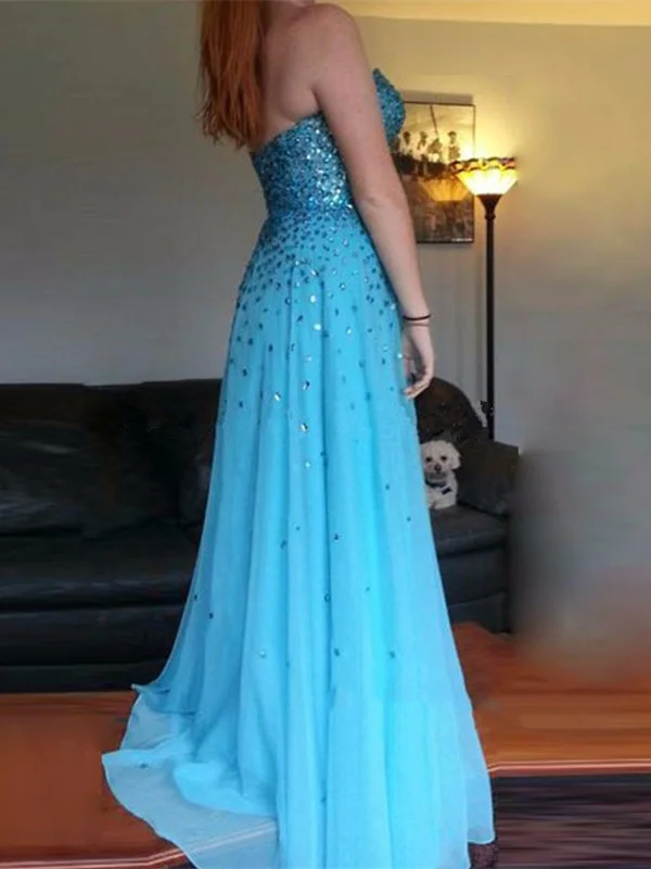 Simple Sky Blue Sweetheart Strapless Prom Dresses With Beading, Sky Blue Formal Dresses With Beading