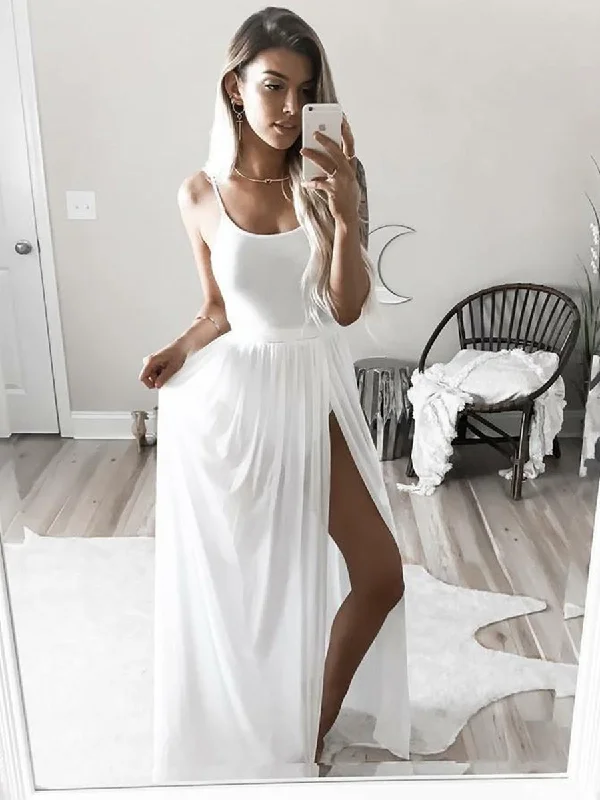 Simple Spaghetti Strap Square Neck White Prom Dresses with Side Slit, White Evening Dresses, White Formal Dresses