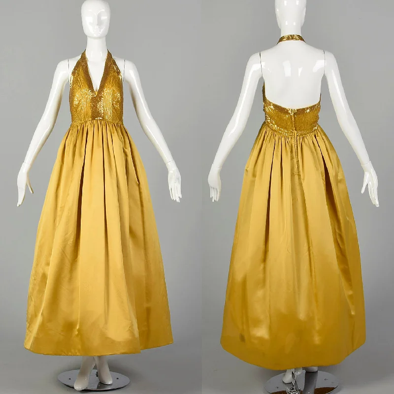 Small 1970s Gold Beaded Backless Halter Ball Gown